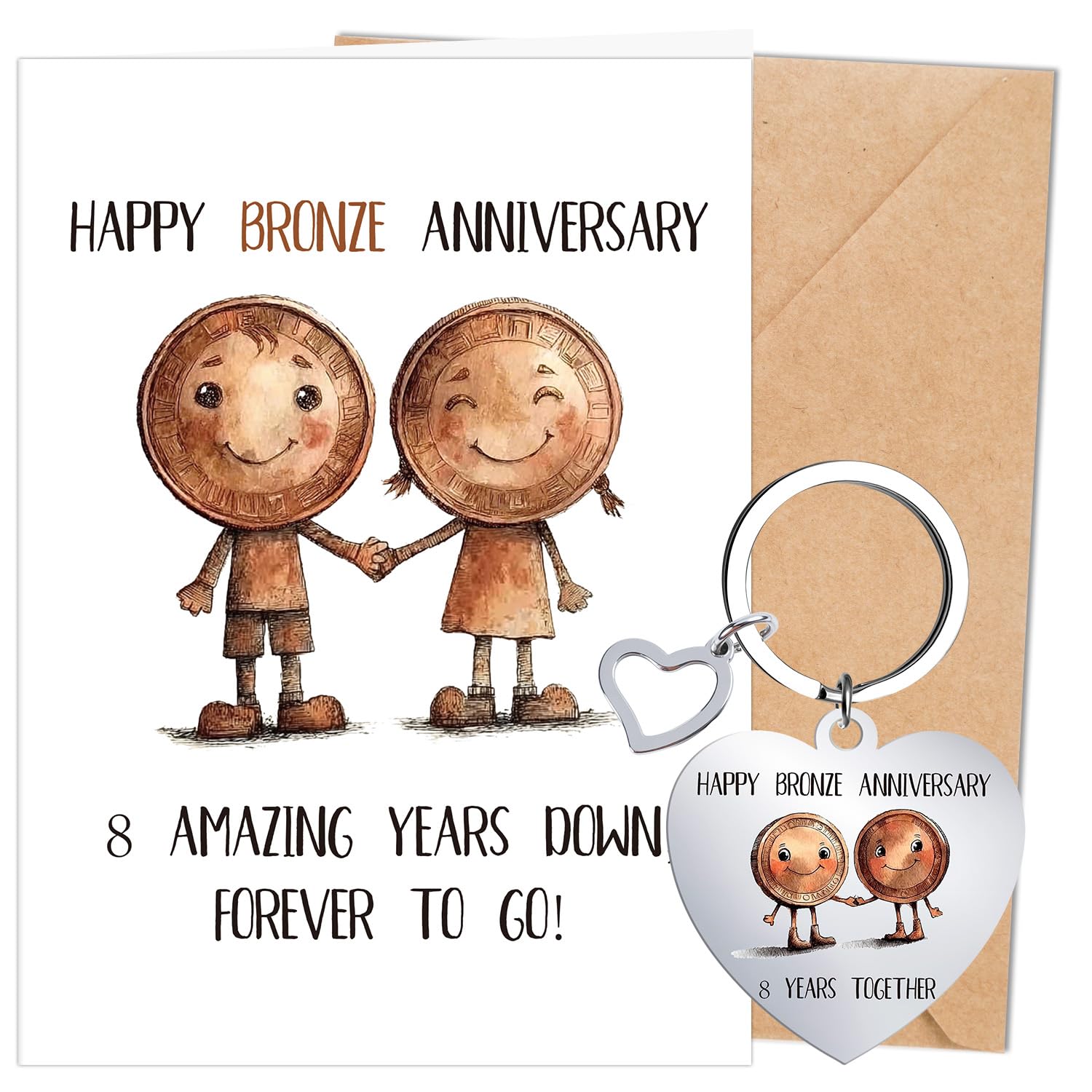 Luvart 8th Wedding Anniversary Card Gifts 8th Bronze Wedding Anniversary Presents Set, Cute Funny Bronze Marriaged Eighth Years Card with Envekope and Keyring Gifts for Wife Husband Couple