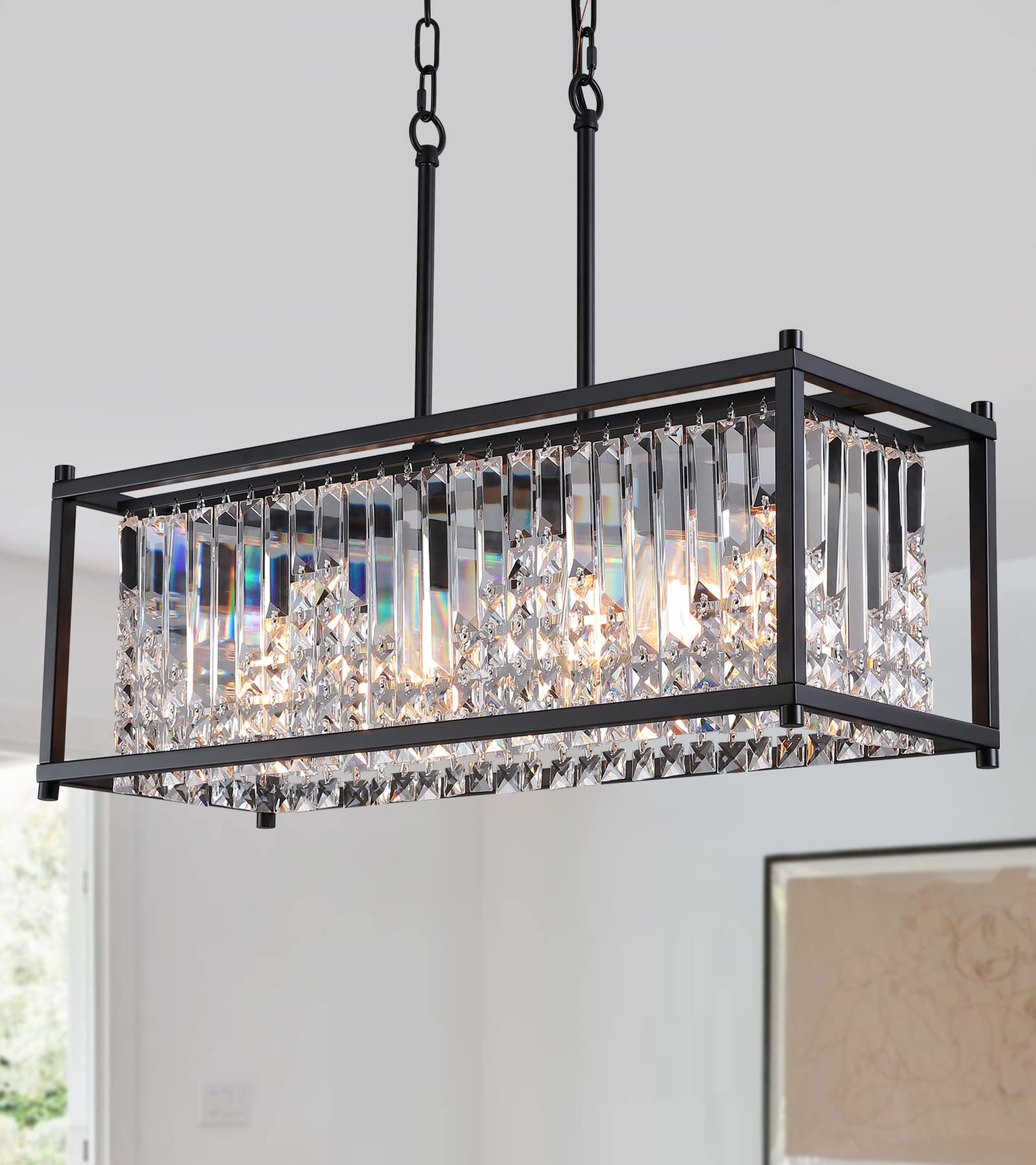 Q&S Black Modern Chandelier,Farmhouse Industrial Rectangle Crystal 4