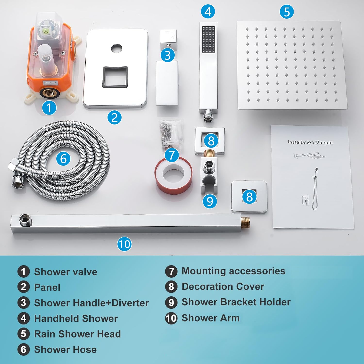 Chromowany system prysznicowy, 25 cm, deszczownica z ręcznym natryskiem, luksusowy zestaw prysznicowy z deszczownicą, kwadratowy uchwyt ścienny do łazienki z prysznicem deszczowym i ręcznym