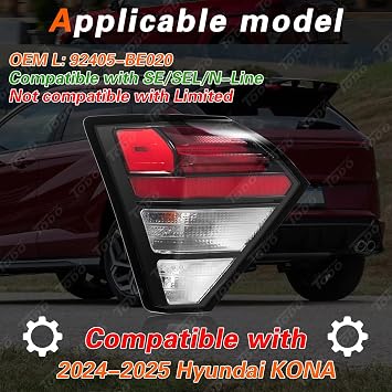 TODO LED Outer Tail Light Compatible with 2024-2025 Hyundai Kona SE/SEL/N-Line, LED Rear Tail Lamp + Halogen Turn Signal 92405-BE020,Left Driver Side