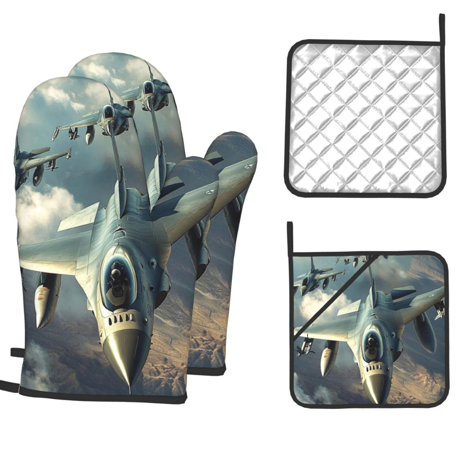 Oven Mitts and Pot Holders Set of 4 Heat Resistant Non-Slip Kitchen Gloves Hot Pads Aircraft Fighter Jets Non-Slip Potholders for Cooking Baking Grilling BBQ