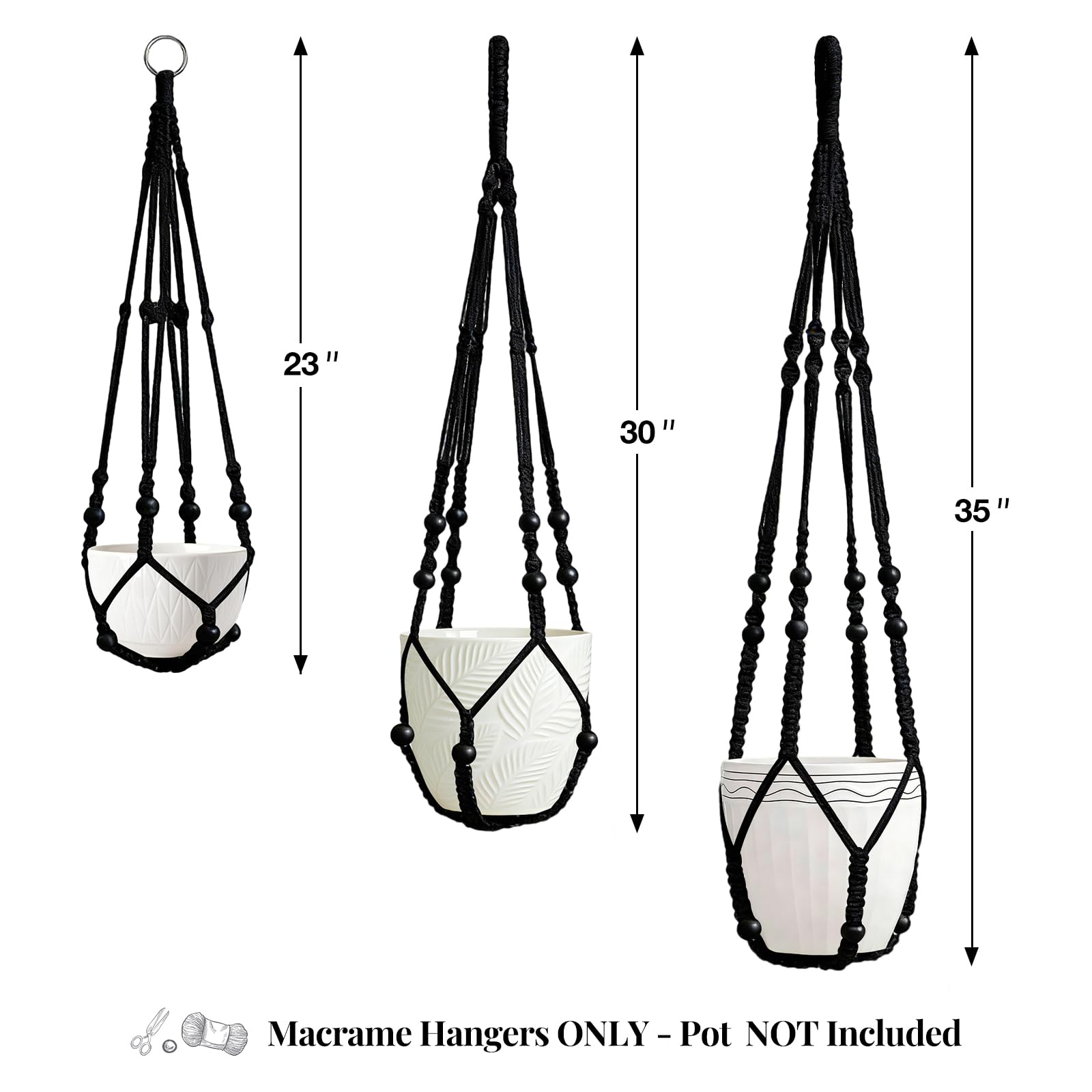 LEWESU Lot de 3 suspensions de plantes d'intérieur en macramé de 3 tailles différentes avec perles en bois et sans pompons pour décoration d'intérieur bohème, 58,4 cm, 76,2 cm, 89,9 cm, noir (pots non