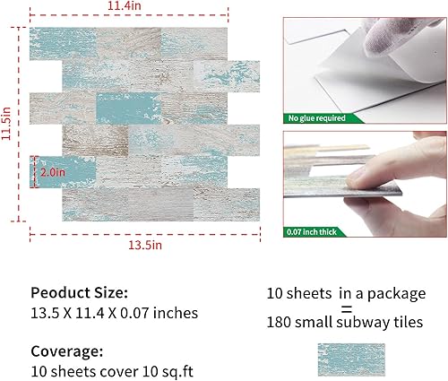 Miniatura 6 de DEWOO Azulejos autoadhesivos para salpicaduras de 20 hojas estilo granja, cocina y baño, turquesa (13.5 x 11.4 pulgadas)