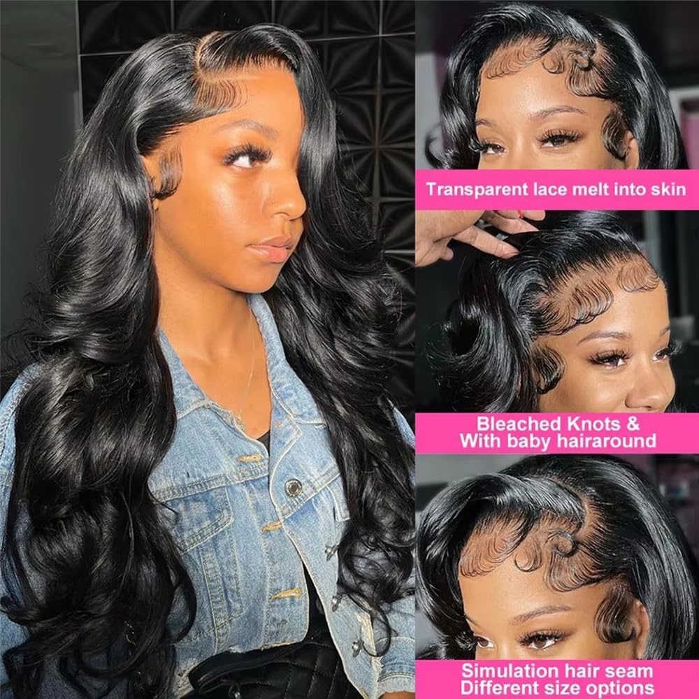 13x6 Lace Front Wigs Human Hair 250 Density Body Wave Hd Lace Frontal Glueless Wigs Human Hair Pre Plucked Wigs for Women Natural Black 36 Inch