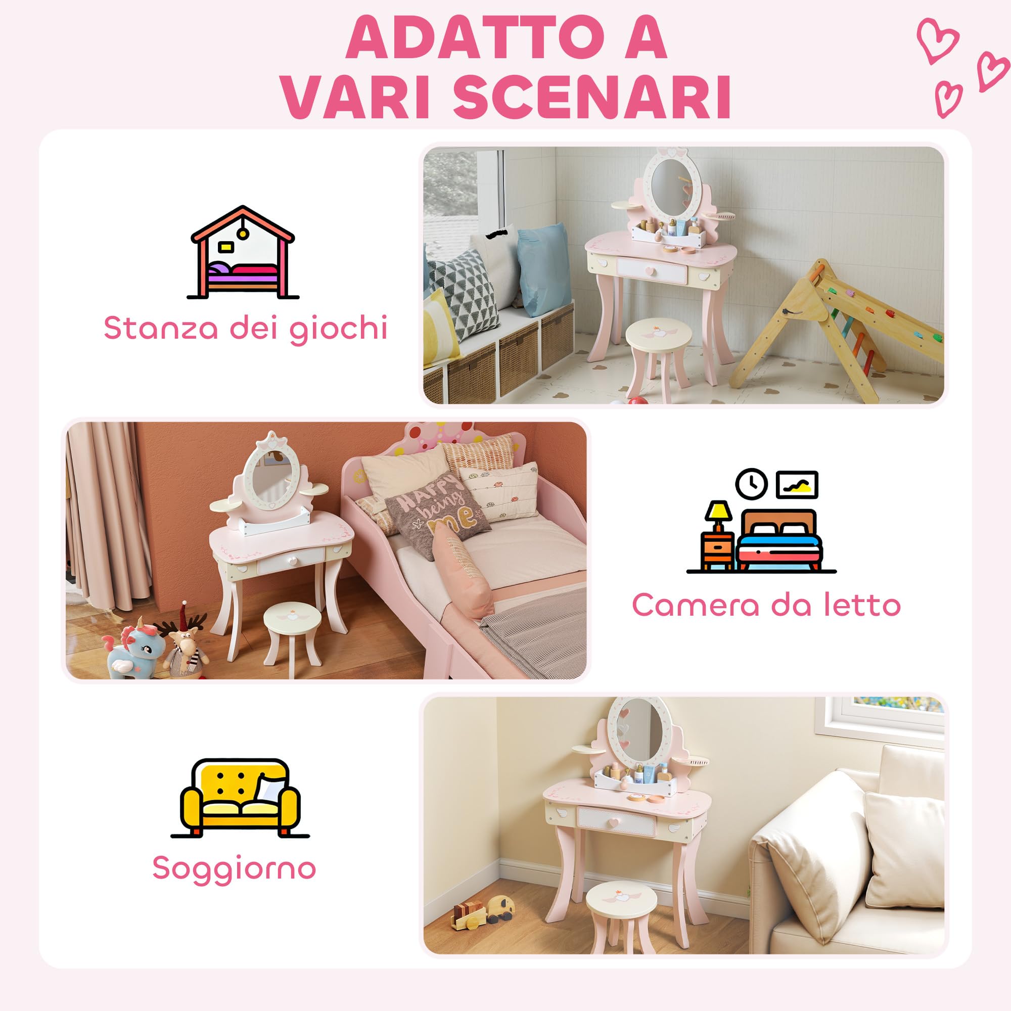 AIYAPLAY Set Toeletta con Specchio e Sgabello in Legno per Bambini, Tavolo da Trucco 2 in 1 Convertibile in Scrivania, 7 Accessori Inclusi, Rosa