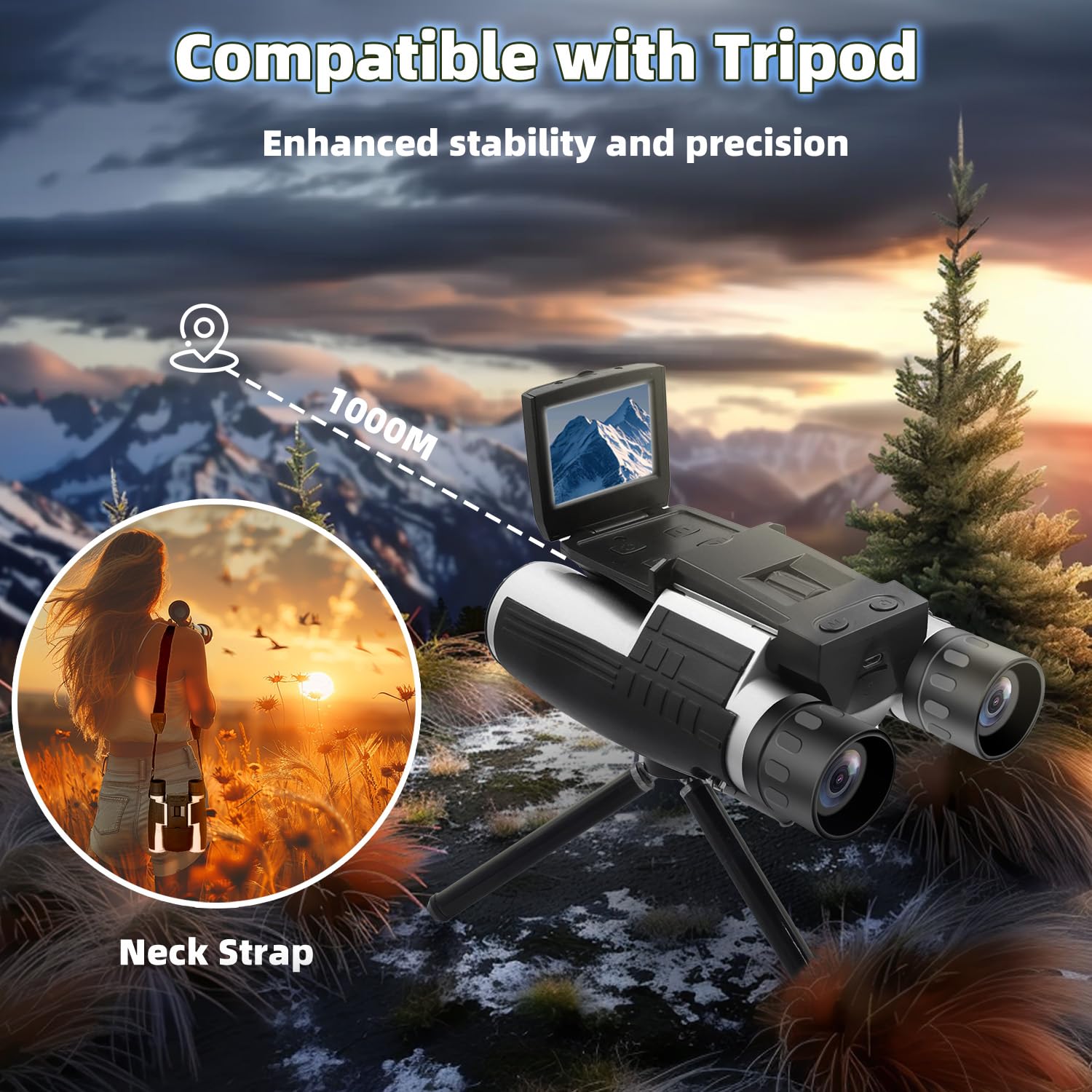 Binocolo digitale per adulti, 12 x 32, con fotocamera, 5 MP, video Full HD, schermo LCD da 2 pollici con scheda micro SD da 32 GB, per bird watching, caccia, calcio, concerti teatro, colore argento
