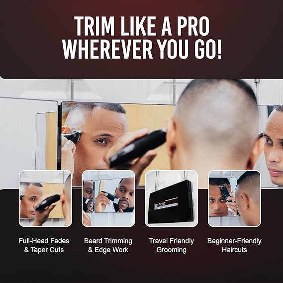 Self-Cut System 3-Way Mirror & Cordless Hair Clipper - Portable Trifold Mirror with Retractable Hooks, Shatterproof Glass, Fold Flat Design, Lightweight and Detachable Blade, 12 L x 8 W - Black