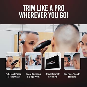 Self-Cut System 3-Way Mirror & Cordless Hair Clipper - Portable Trifold Mirror with Retractable Hooks, Shatterproof Glass, Fold Flat Design, Lightweight and Detachable Blade, 12 L x 8 W - Black