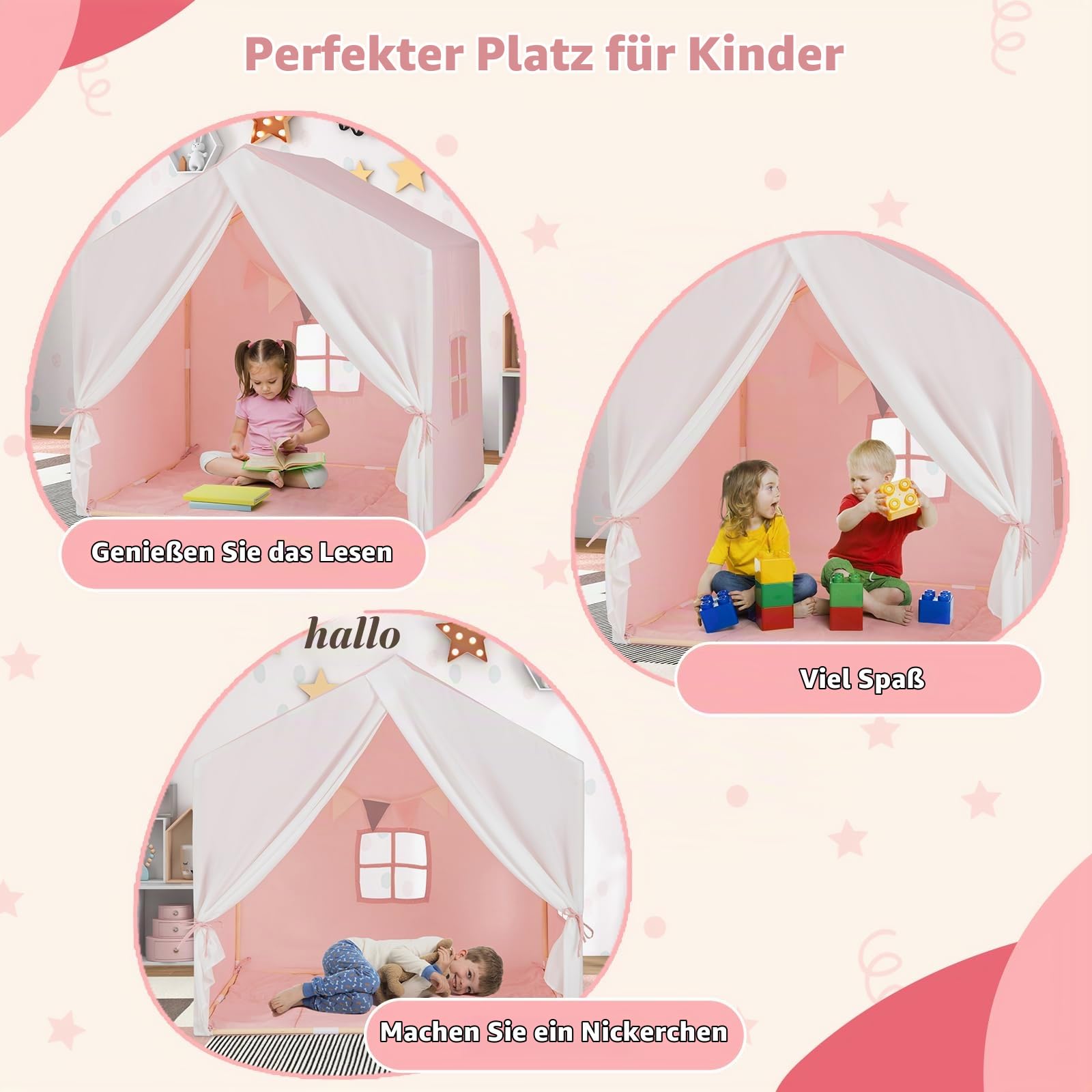 HOMASIS Kinderzelt Indoor, Spielzelt mit Matte, Vorhang, Flaggen, Spielhaus aus Holzrahmen, Bettzelt Prinzessin Zelt für Mädchen & Jungen ab 3 Jahren, Kinderspielhaus für Kinderzimmer (Rosa)
