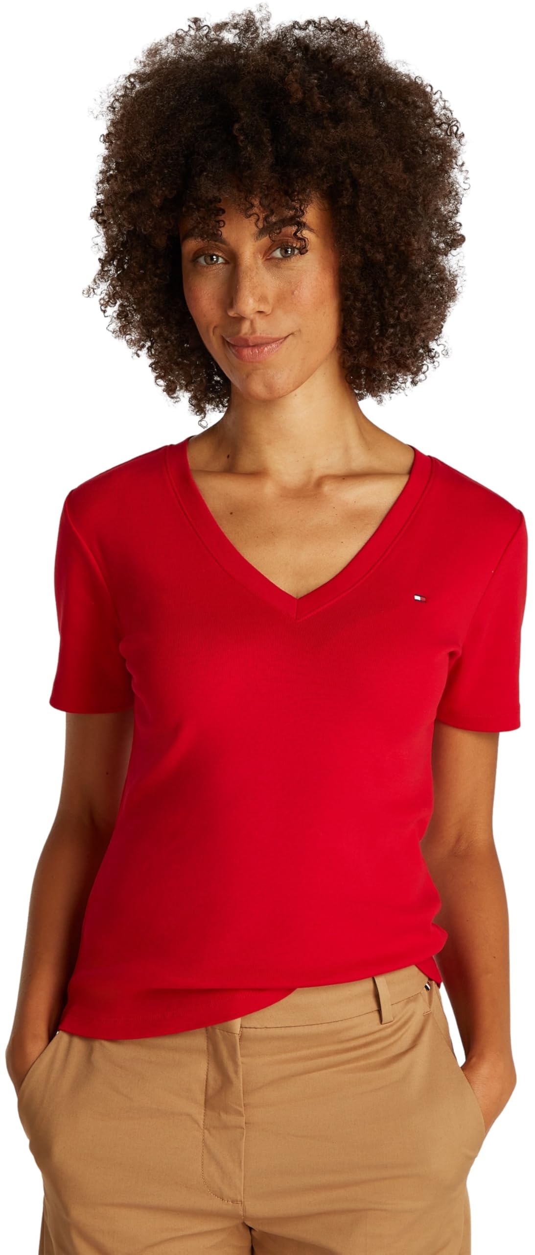 Tommy Hilfiger Damen T-Shirt Kurzarm New Slim Cody mit V-Ausschnitt, Rot (Primary Red), XXS