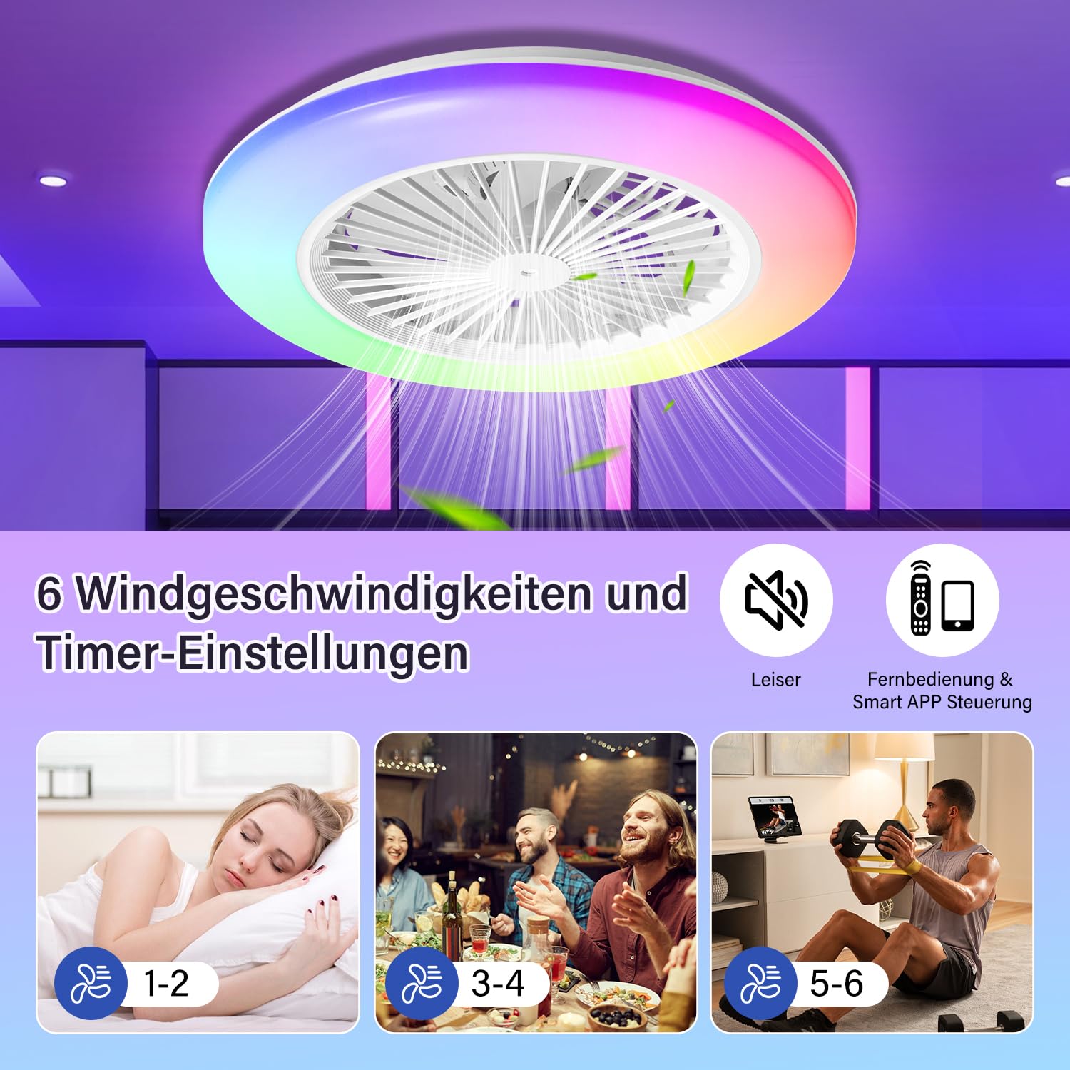 Deckenventilator mit Beleuchtung, Smart RGB LED lampe mit ventilator 3 Farbtemperaturen, deckenlampe mit licht 6 Geschwindigkeiten, Timer, Sommer-Winterbetrieb, Deckenleuchte für Wohnzimmer