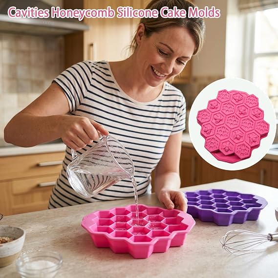 2PCS Silicone Mold for Cake, Silicone Cake Pan, Cavities Honeycomb Silicone Cake Molds, Silicone Moulds for Chocolate for DIY Ice Chocolate Cake Decorating(Pink and Purple)