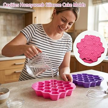2PCS Silicone Mold for Cake, Silicone Cake Pan, Cavities Honeycomb Silicone Cake Molds, Silicone Moulds for Chocolate for DIY Ice Chocolate Cake Decorating(Pink and Purple)