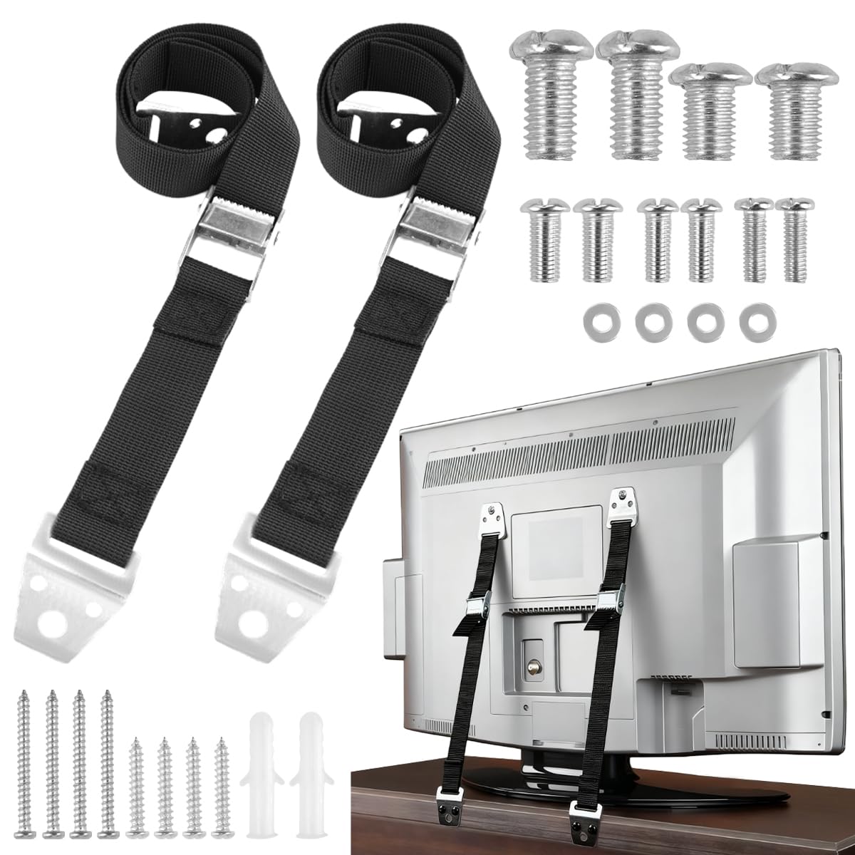 Correa de Seguridad Ajustable para TV, 2 Piezas, Negro | Anclaje Mueble Pared, Tornillos de Diferentes Tamaños, Fácil de Instalar, Para Niños Pequeños y Mascotas