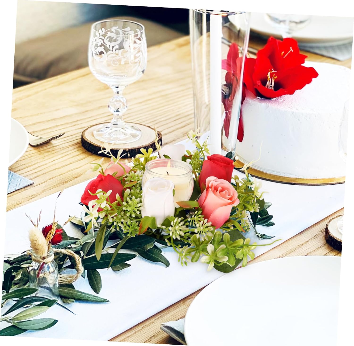 Candle Ring Wreath with Artificial Flowers and Leaves Romantic Table Centerpiece for Weddings and Valentine's Day Floral Decor for Candle Holders Lightweight and Durable