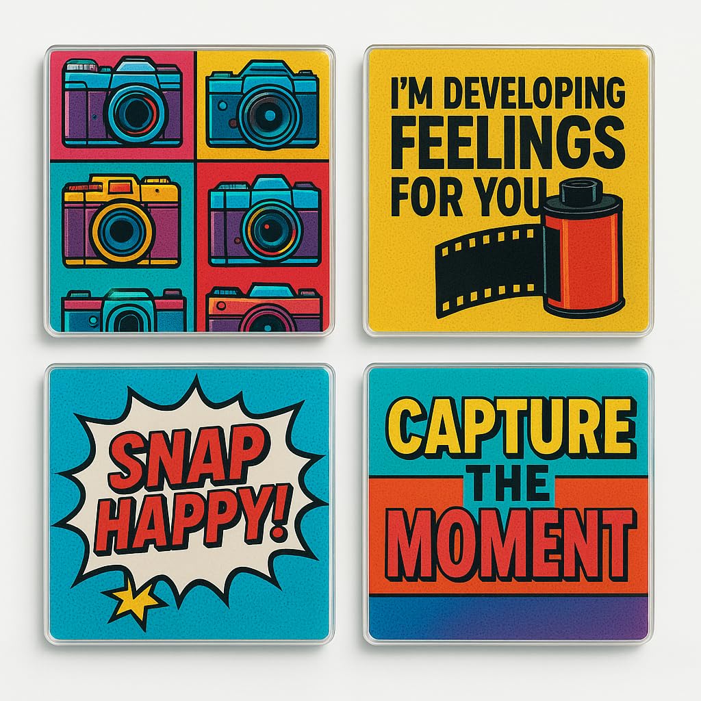 The Plum Penguin Pop Lens Play Acrylic Coaster Gift Set Of 4 With Pop Art Photography Design - Vibrant Tableware For Shutterbug Enthusiasts