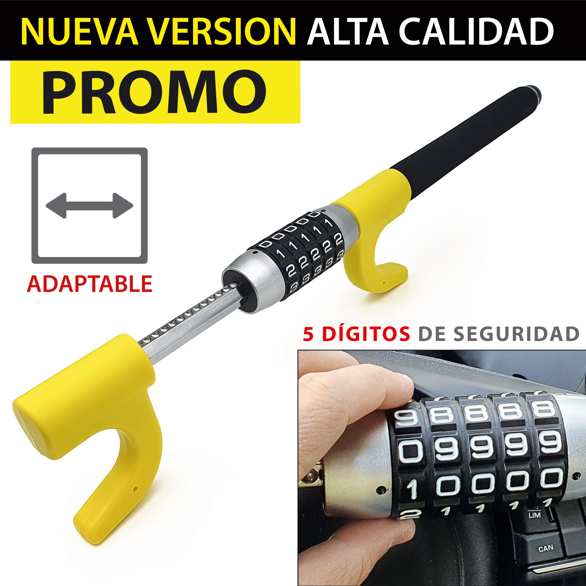 KRASER KR940B Antirrobo Coche Volante, Código Combinación, Reforzado Alta Seguridad, Visible Disuasorio, Doble Cierre Ajustable, Martillo Emergencia, Barra Universal Auto SUV Furgoneta Camión Caravana