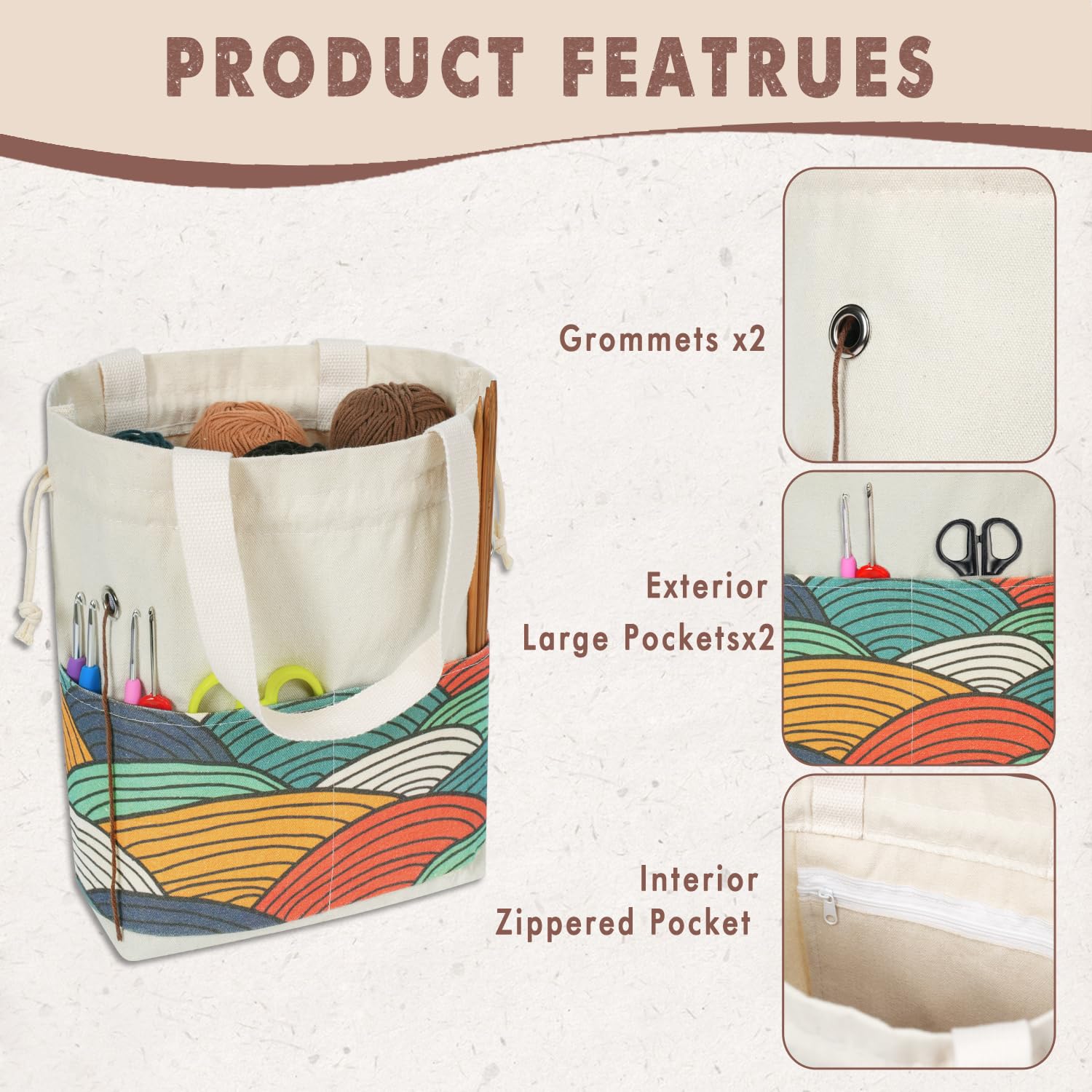 TOGETRUE Garntasche, Strick-/Häkeltasche, Garnaufbewahrungstaschen, Organizer, Häkeltaschen für Häkelprojekte, zum Aufbewahren von Knäuel, kurze Stricknadel (Farbbogen)