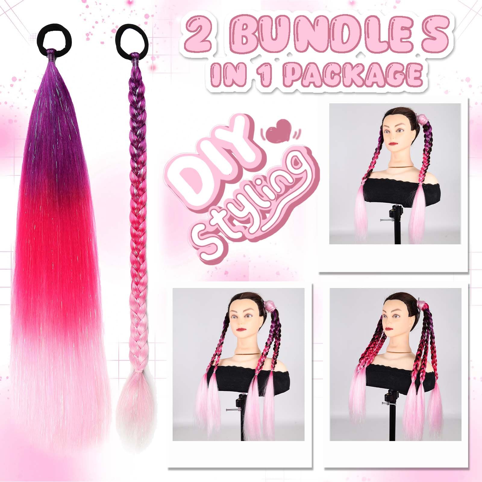 JIAMEISI Rainbow Ponytail Extensions with Hair Tie 2 Packs 50g/Pack Ombre Pony Tail Hair Extensions for Braiding Synthetic Mermaid 26 inch Coloured Extensions for Women Girls #S33 - Image 3