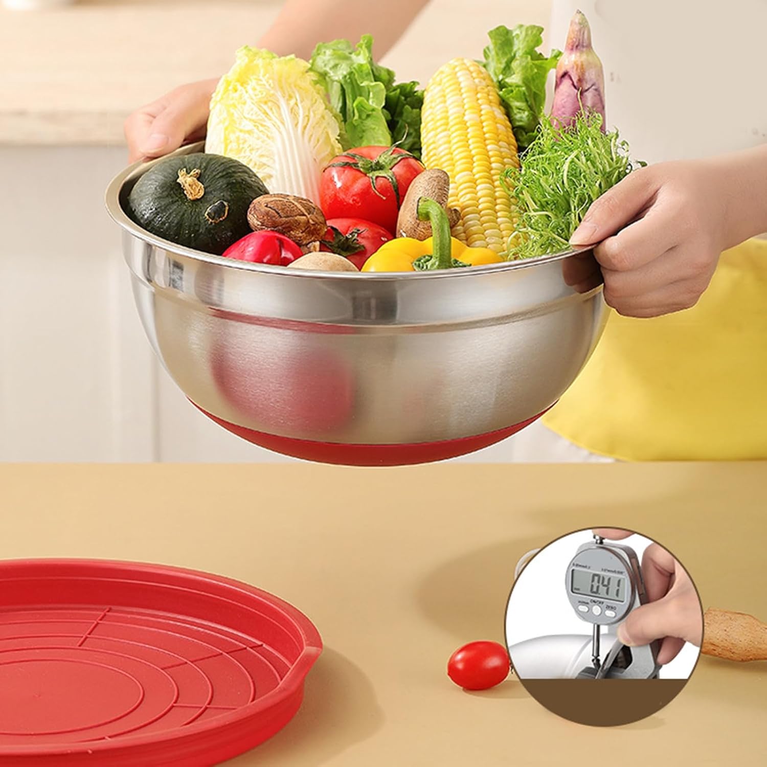 Household Salad Bowl Kitchen Accessories Set with Lid Large Capacity Non-Slip Bottom Polished Surface Easy to Clean Food Storage I