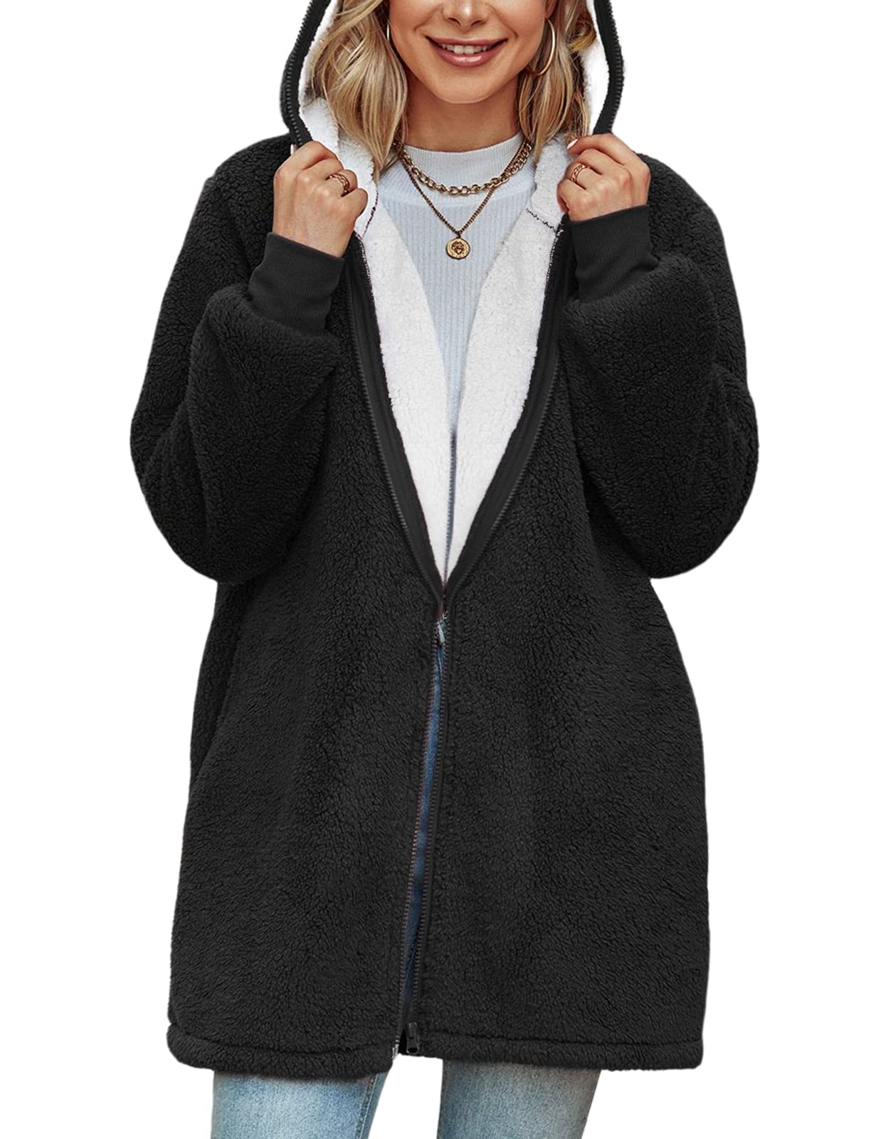Voqeen Sweat à Capuche Zippé Femme Chaud en Polaire Sweatshirt Hoodie avec Poches Casual Sport Fitness Outdoor Basic Confortable Protection contre le froid Oversize Hiver Mode Veste