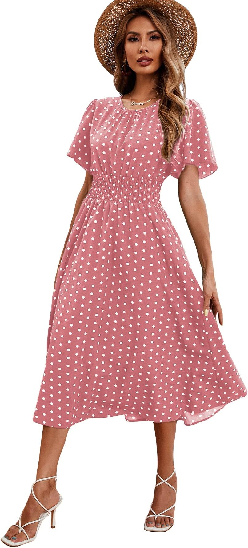 Verdusa Women's Polka Dots Print Short Sleeve Shirred A Line Flared Midi Dress Dusty Pink L