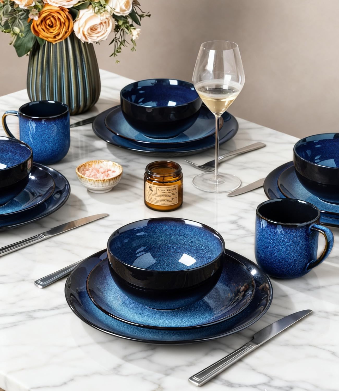LERATIO Ceramic Dinnerware Sets for 8,Stoneware Plates and Bowls Sets,Handmade Reactive Glaze Dishes Set,Chip Resistant and Scratch Resistant | Oven&Dishwasher & Microwave Safe-Blue(24PCS)