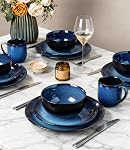 LERATIO Ensembles de repas en céramique pour 8,Assiette en grès et bols, sertie de glaçure réactive à la main, résistante au criblage et résistante au grattage & Micro-ondes Safe-Blue(24PCS)