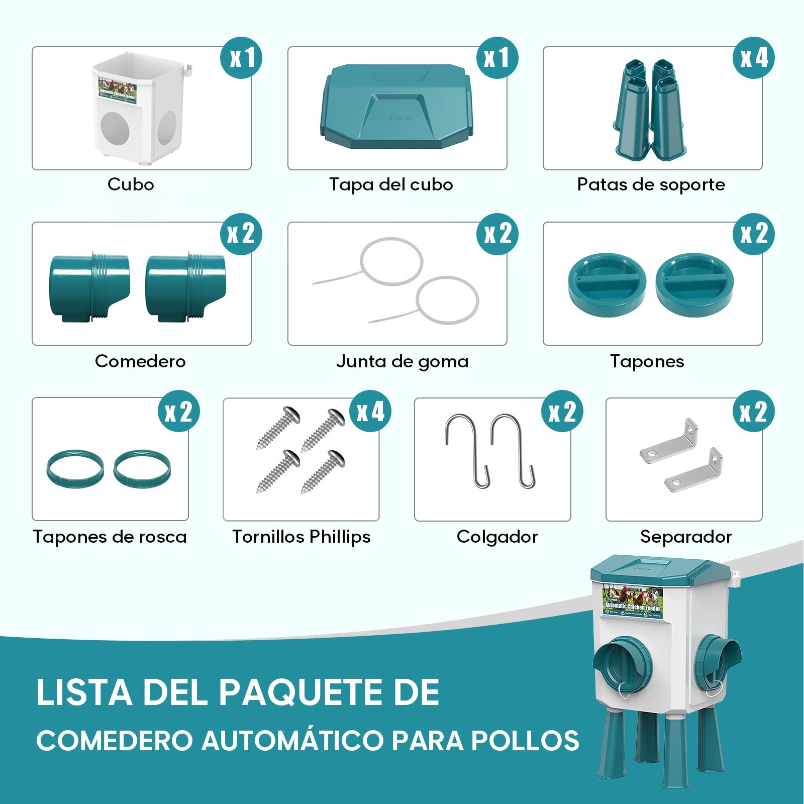 CHAMUTY - Alimentador de gallinas (7 litros, con pies), flotador filtrado, manguera de acero inoxidable de 1,5 m, bebedero dispensador de agua y gallina automática, alimentador de gallinas antidañinas