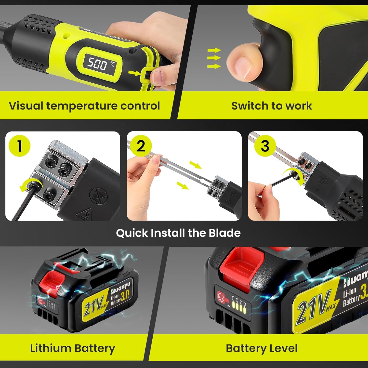 Huanyu Cordless Hot Knife with Temperature Display 100W Max 500℃ 3.0Ah Battery Powered Air Cooling Cutting Tool 2 Blades 4"+6" Set Electric Hot Knife for Styrofoam, Rope, Fabric, Acrylic