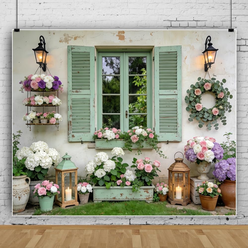 12x8ft Spring Photo Backdrop Rustic White Wall Green Window Easter Spring Backdrops for Photography Flower Greenery Window Background Bridal Shower Birthday Tea Party Decorations Photoshoot Props