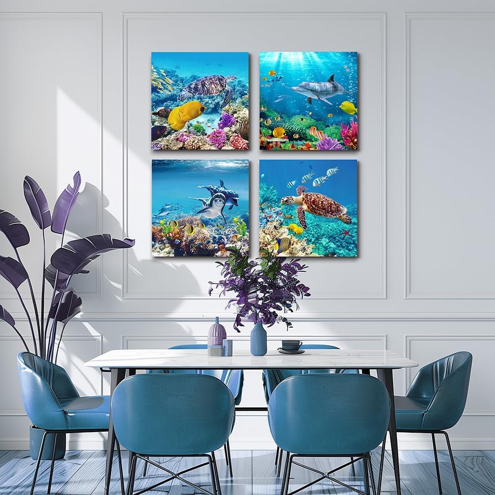 MHARTK66 Canvas Wall Art - Coral and Fish Modern Home Decor Stretched and Framed Ready to Hang Ocean Theme Sea fish and sea turtles Mediterranean Style Canvas Prints The bathroom wall decor- 4 Panels