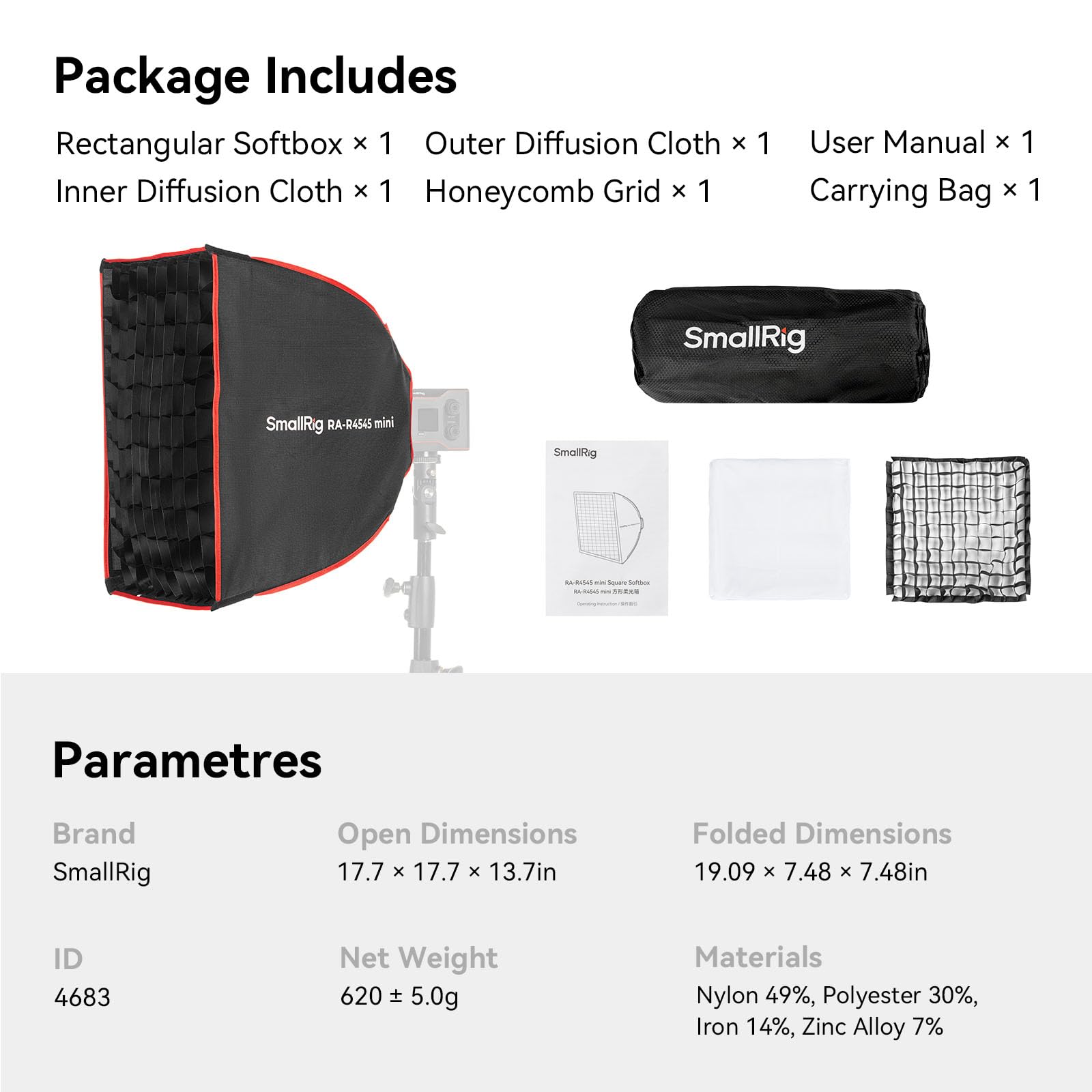 SMALLRIG RA-R4545 Softbox Rettangolare, Softbox a Sgancio Rapido da 17,7" con Borsa per il Trasporto, Compatibile con SMALLRIG RC 60B COB Luce Video LED per Riprese di Ritratti - 4683