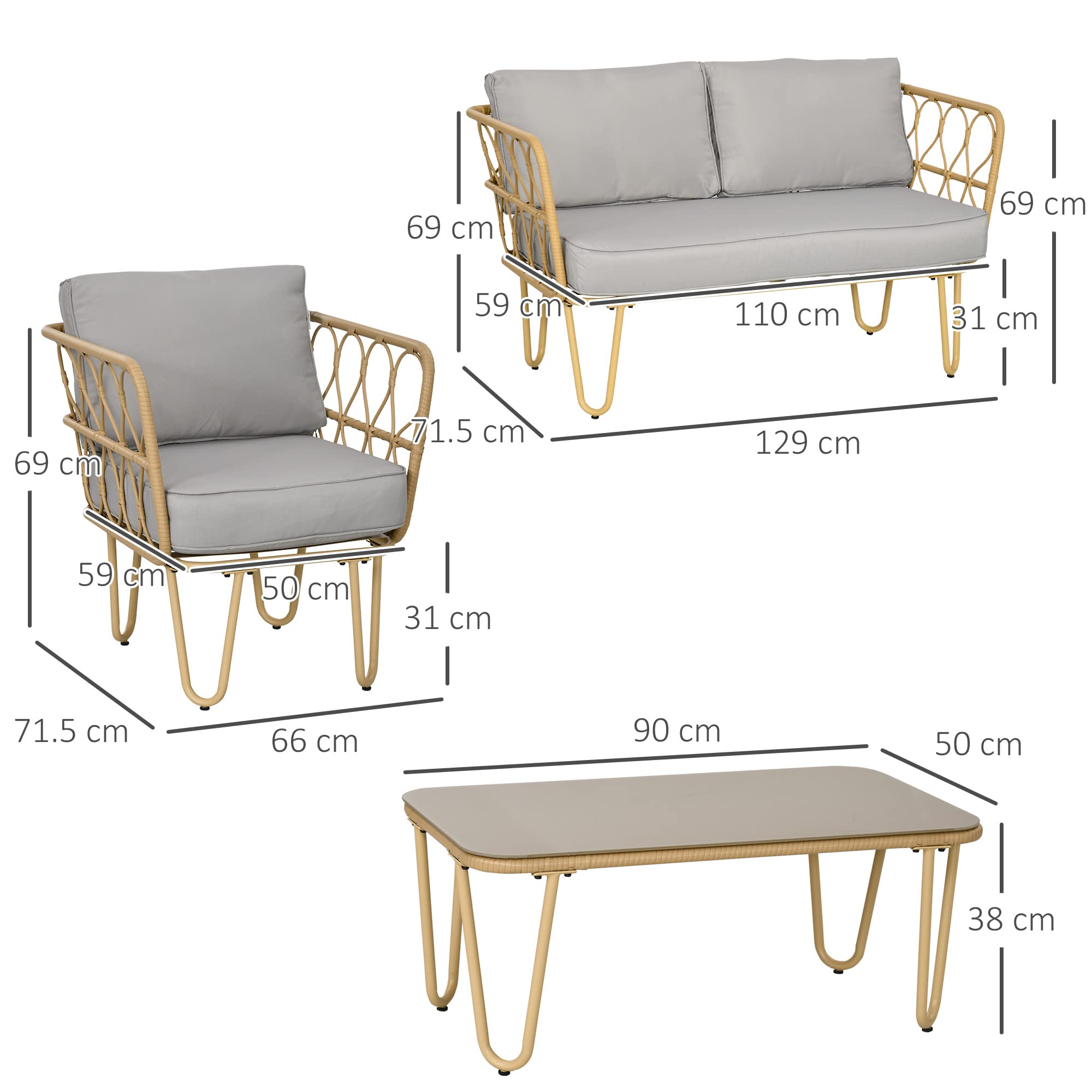 Outsunny Salotto da Giardino Rattan 4 Pezzi con Divano 2 Posti, 2 Poltrone e Tavolino con Piano in Vetro Stile Boho, Cuscini Sfoderabili, Giallo