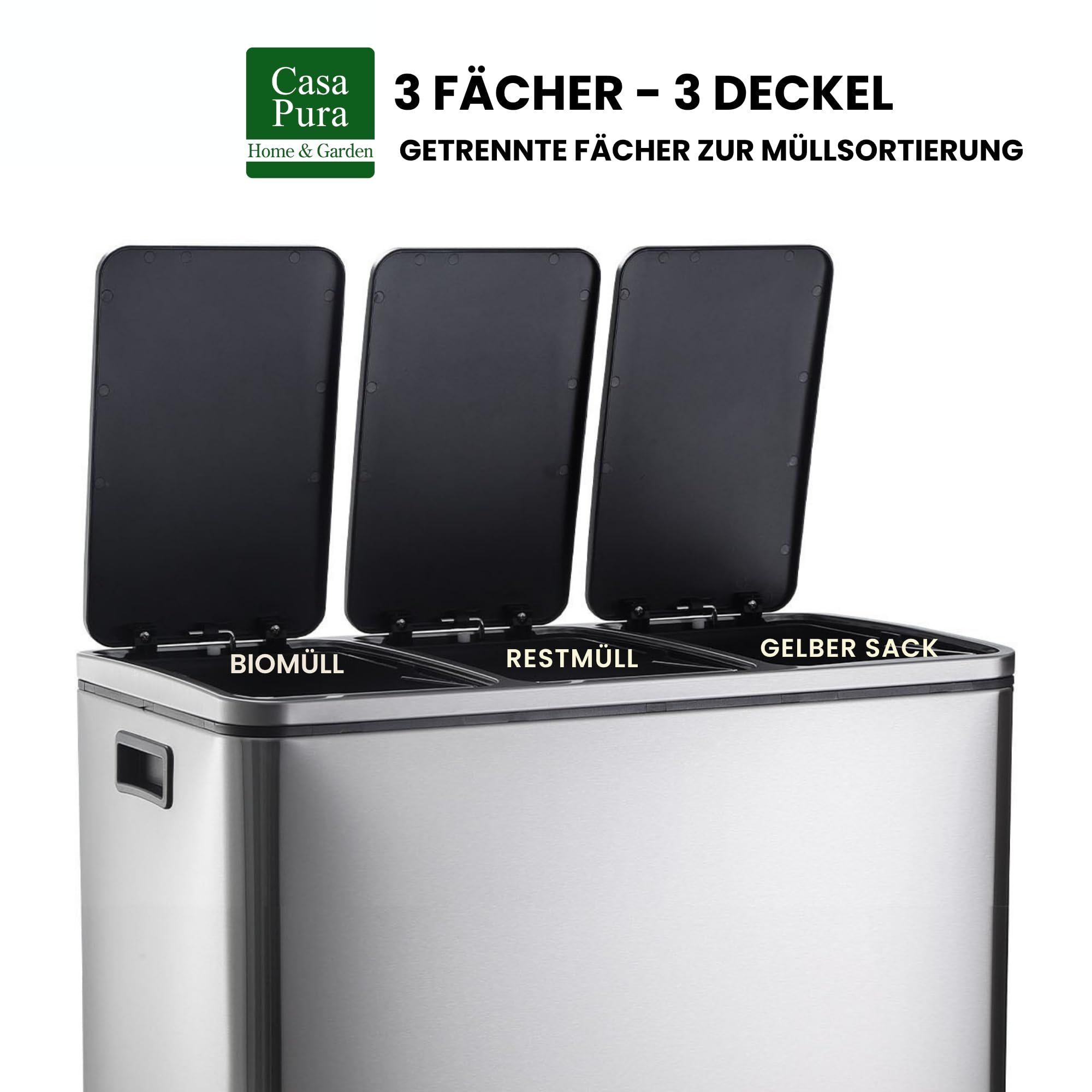 casa pura Abfalleimer Felix | Edelstahl Mülleimer mit Pedal | 2 fach Mülltrennsystem für Küche und Büro | 30 oder 60 Liter | Trend Farben zur Auswahl (Silber, 3 x 18 Liter)