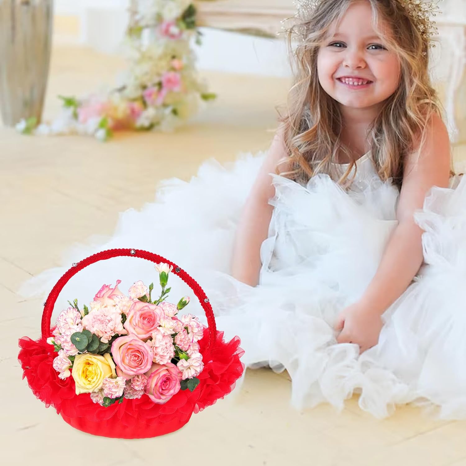 Beavorty Wedding Flower Basket with Handle Lace Imitation Floral Basket for Flower for Western Style Wedding Ceremony Supplies