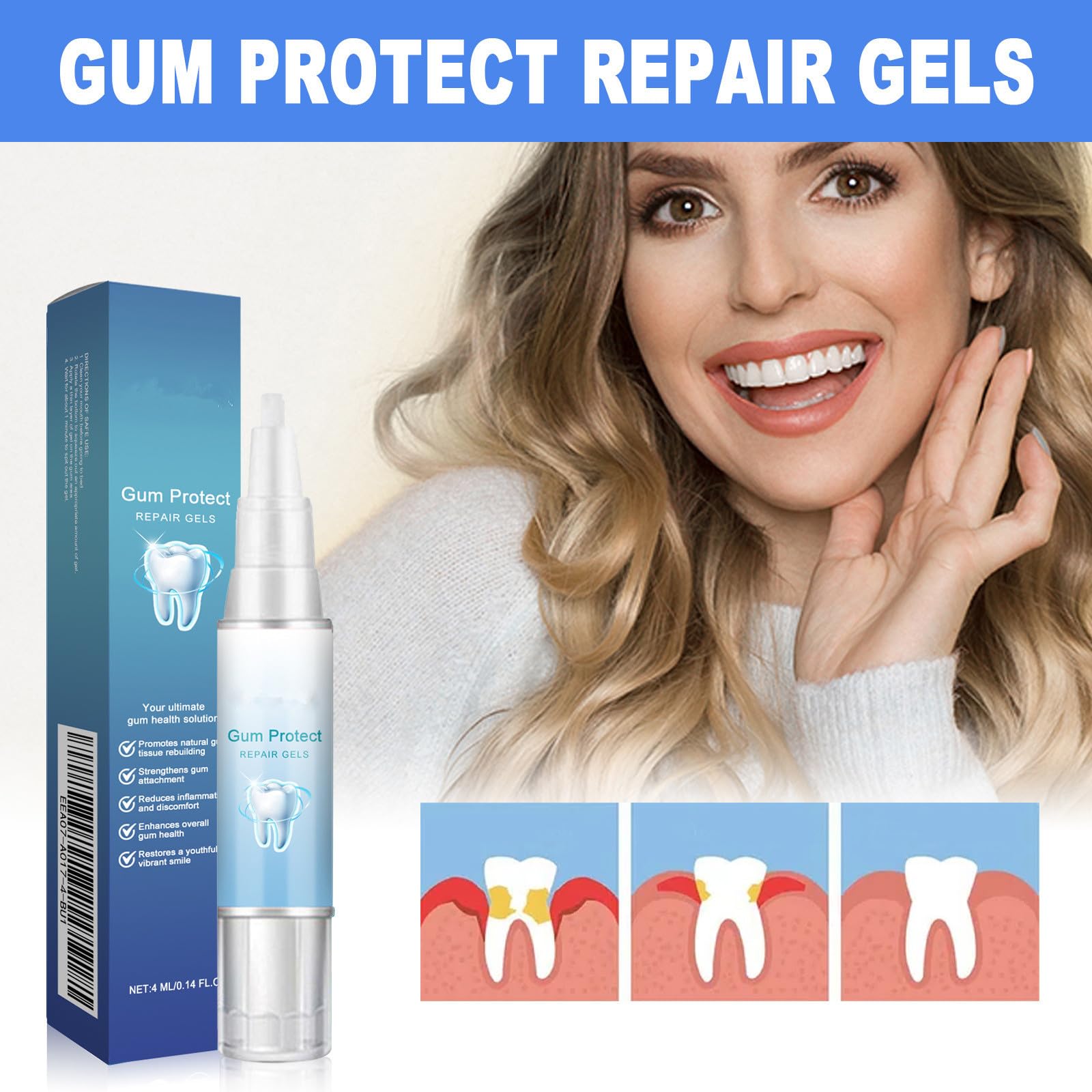 Gel Restauration Des Gencives,Réparation et Soin des Gencives pour des Gencive Saines,Rafraîchit l'Haleine,Nettoie en Profondeur,4ML,1PC