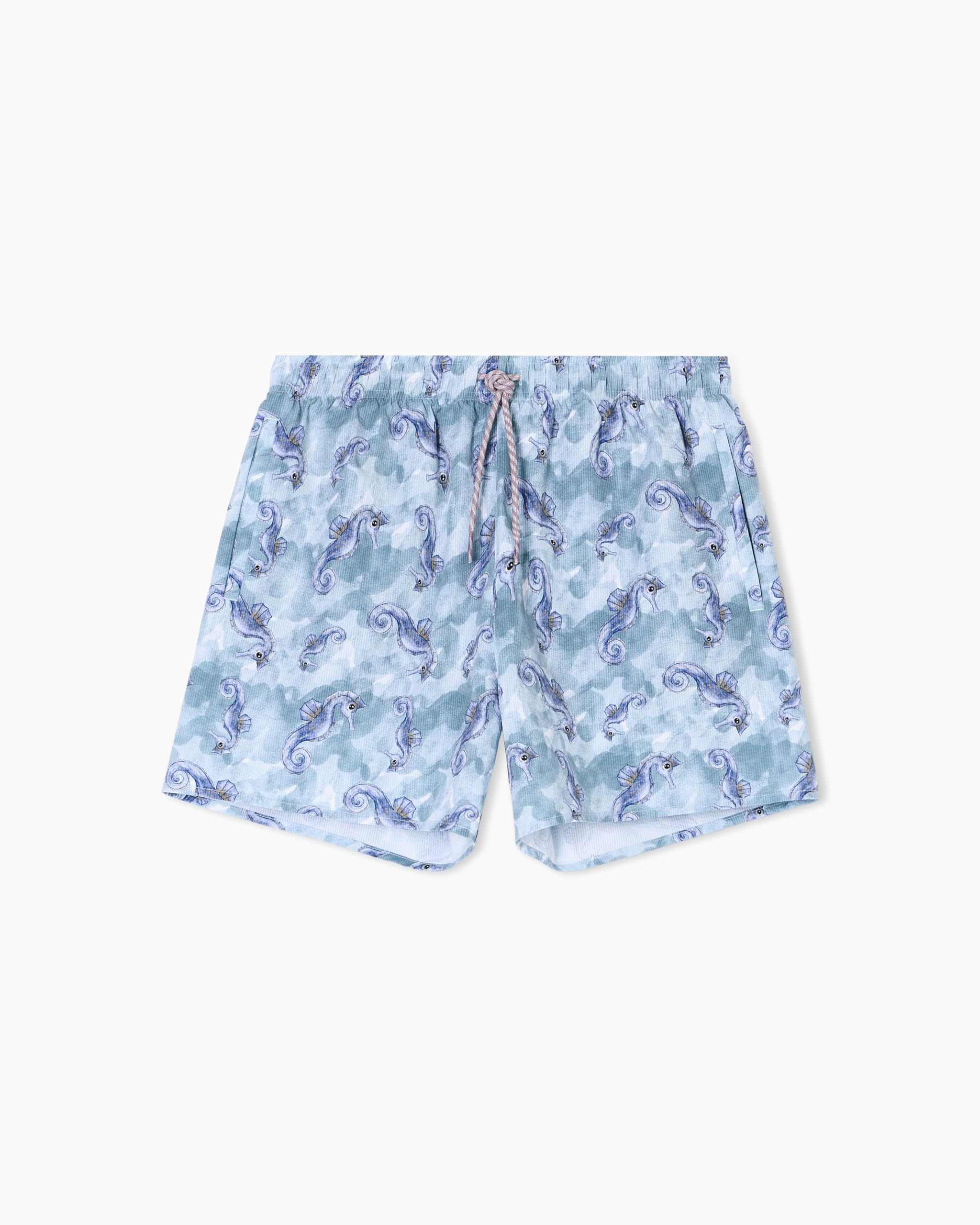 Emporio Armani Herren Boxer Badehose, Seepferdchen-Print mit Schiefermuster, M
