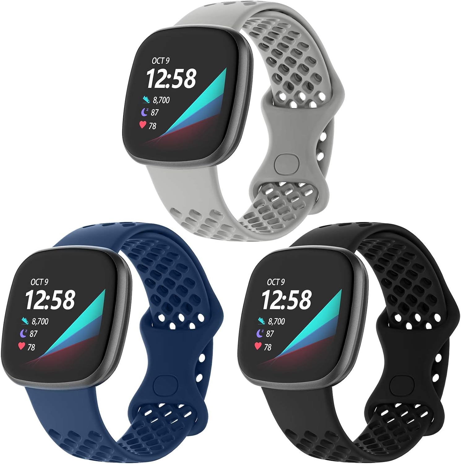 3 Pack Band Compatible with Fitbit Sense Bands, Waterproof Sport Silicone Fitbit Versa 3 Bands for Women Men with Breathable Holes for Fitbit Versa 3/Sense Smart Watch, Black Grey Navy Large