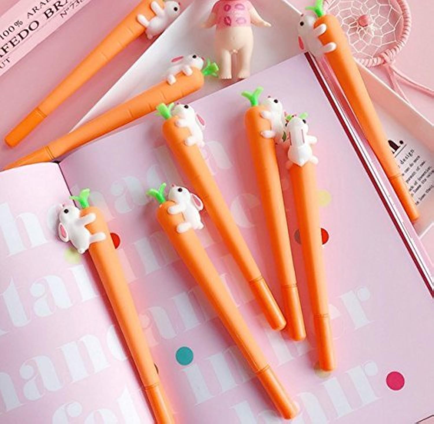 12 Pack Newest Cute Kawaii Rabbit Carrot Roller Ball Writing Animal Cartoon Gel Pen with 0.35 mm Point Black Ink Stationery Office Supplies Ballpoint School Student Kids Birthday Gift Set
