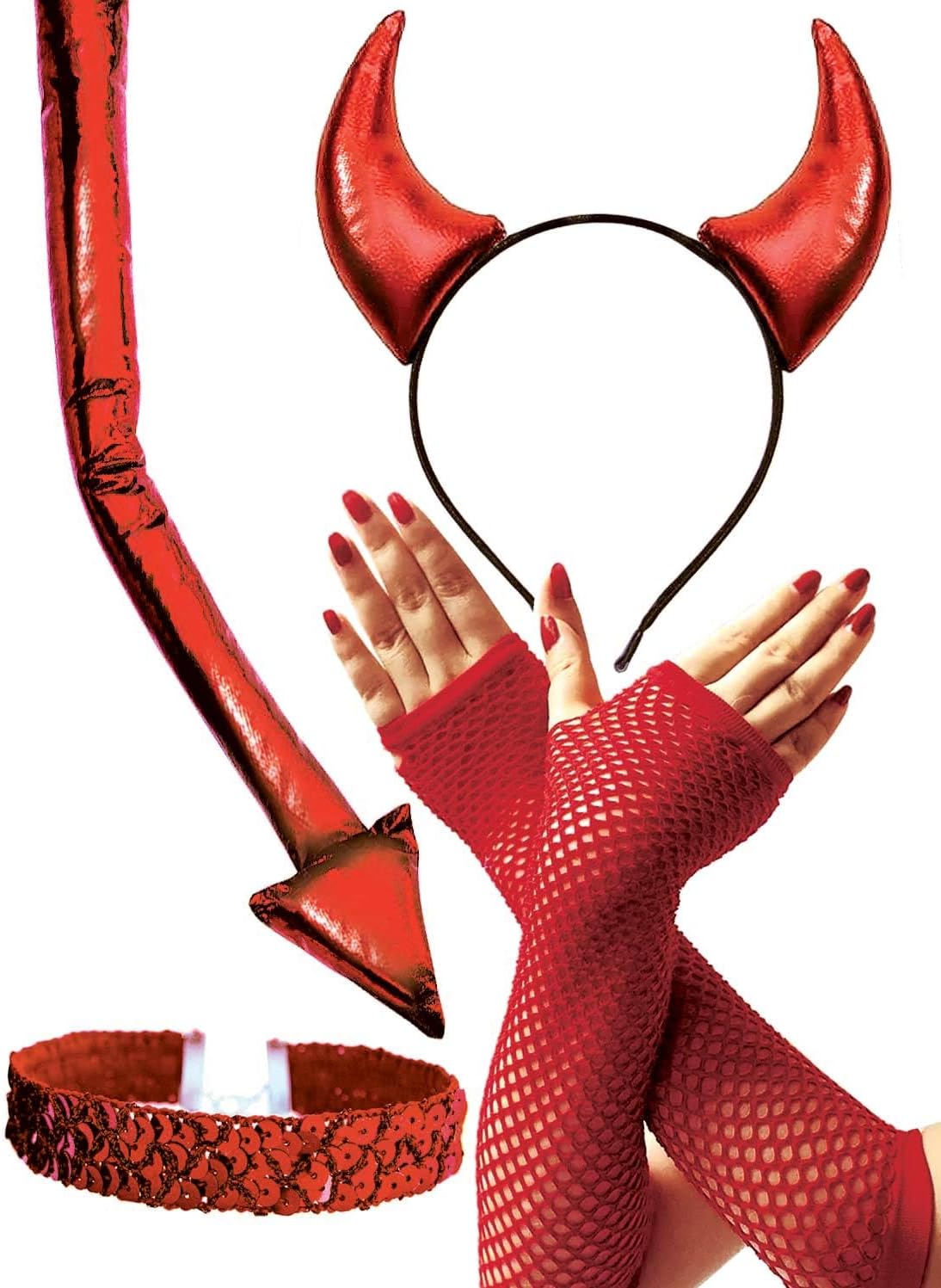 Devil Costume Set Adult Women Red Devils Horns Headband, Lace Fishnet Arm Sleeves, Naughty Tail, Sequin Choker Necklace Demon Accessories for Halloween Party Cosplay Costumes