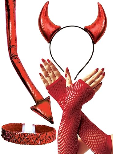 OLYPHAN Devil Costume Set Adult Women Red Devils Horns Headband, Lace Fishnet Arm Sleeves, Naughty Tail, Sequin Choker Necklace Demon Accessories for Halloween Party Cosplay Costumes