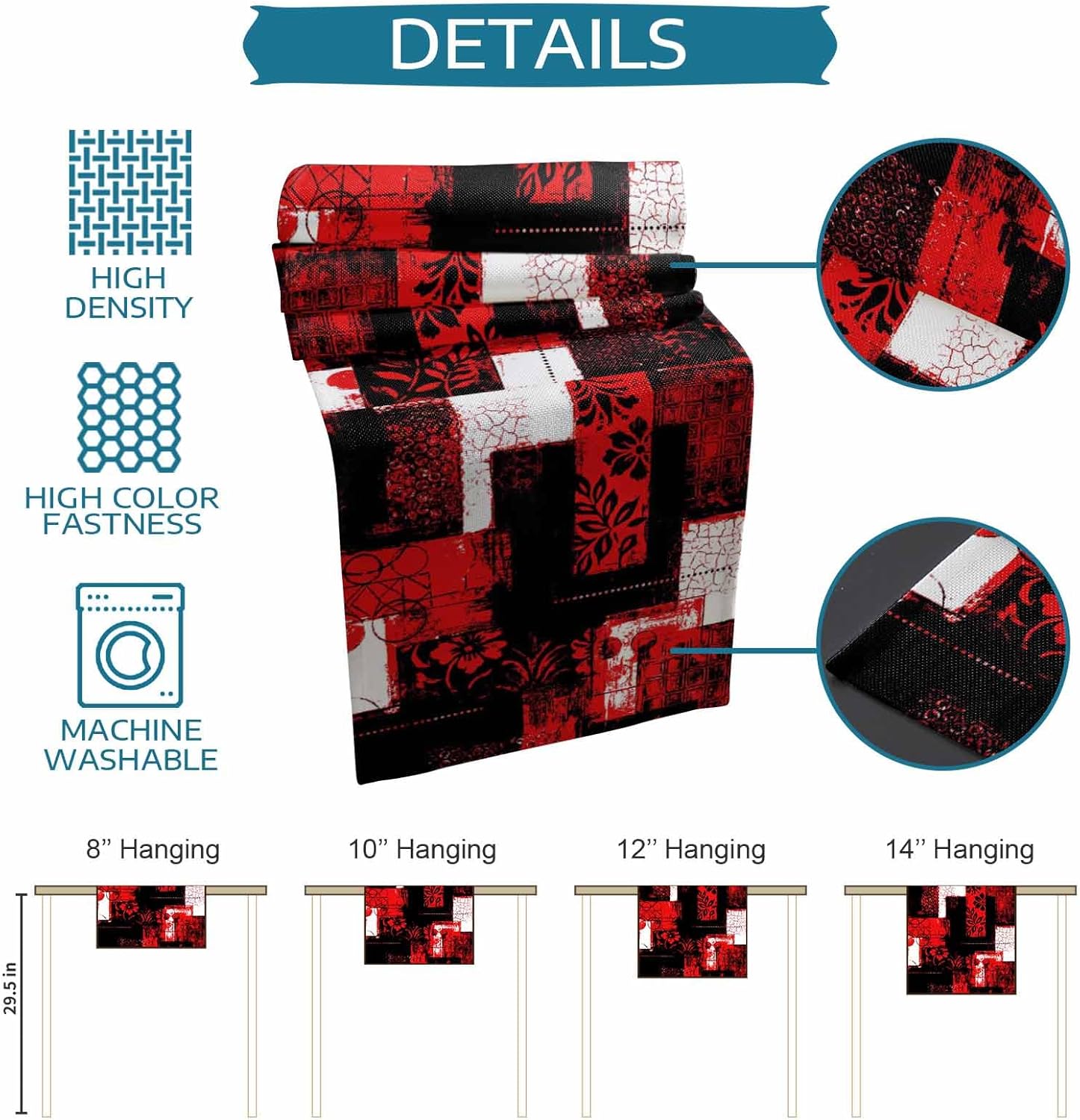 Red Black Table Runner and Placemats for Dining Table, Burlap Coffee Table Runner 72 Inch Long Modern Abstract Art Botanical Washable Table Mats for Kitchen Party Farmhouse Placemats Set of 6