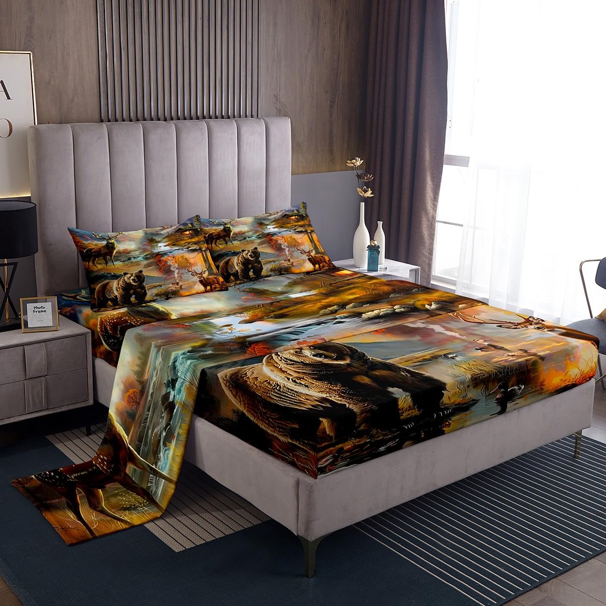 Homewish Juego de sábanas para cama de matrimonio con diseño de oso de ciervo, estilo rústico, cabaña para niños y niñas, juego de ropa de cama de animales del bosque, sábana bajera ajustable de 4