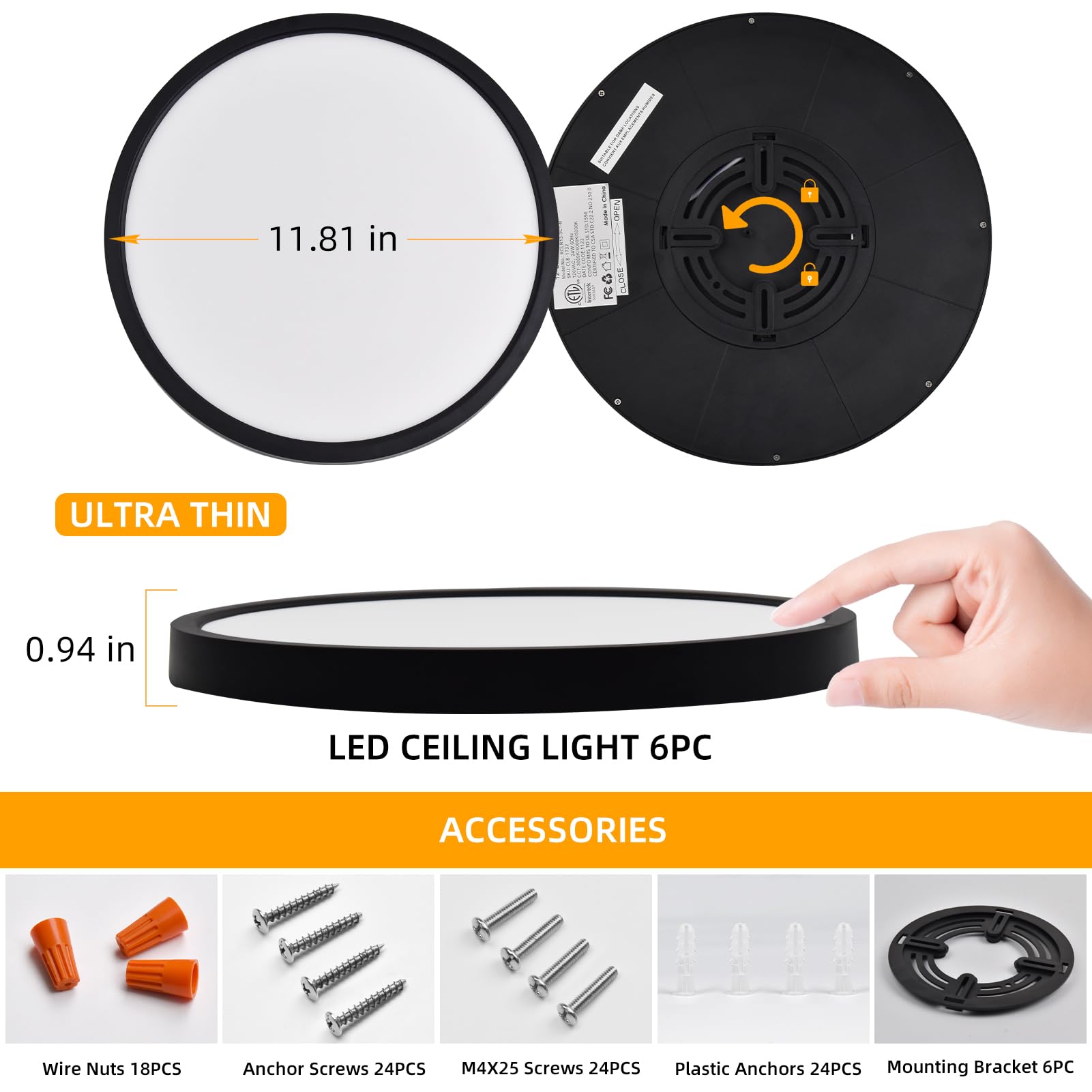 Hlite Zestaw 6 lamp sufitowych LED do zabudowy, 30,5 cm, 24 W, 2400 lm, do wyboru, 3 CCT (3000 K/4000 K/5000 K), do kuchni, sypialni (czarny)