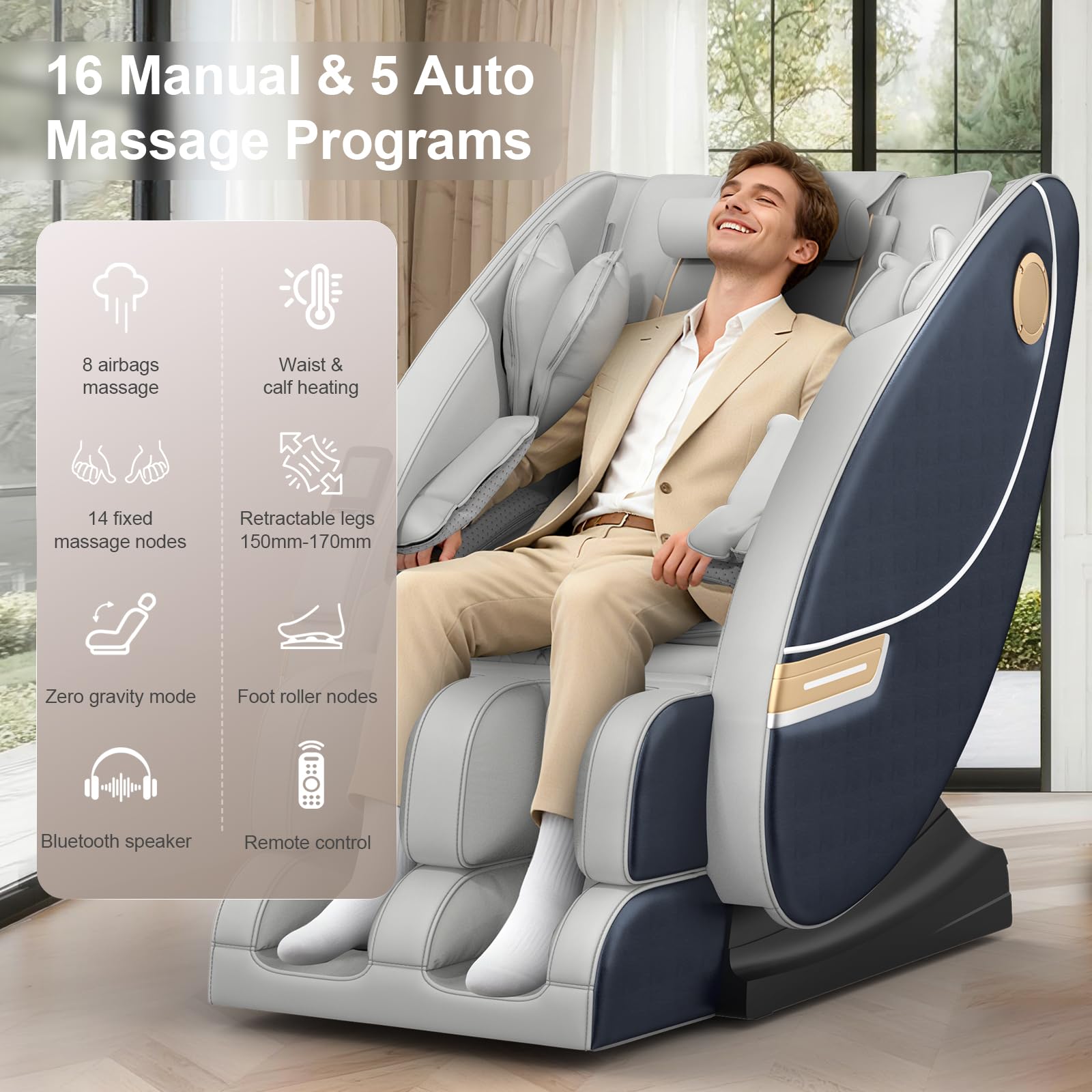 Massagesessel Ganzkörper 14 Massagepunkte 8 Airbags Lenden Beinheizung Bluetooth Lautsprecher Fußrollenmassage Elektrisch Homeoffice