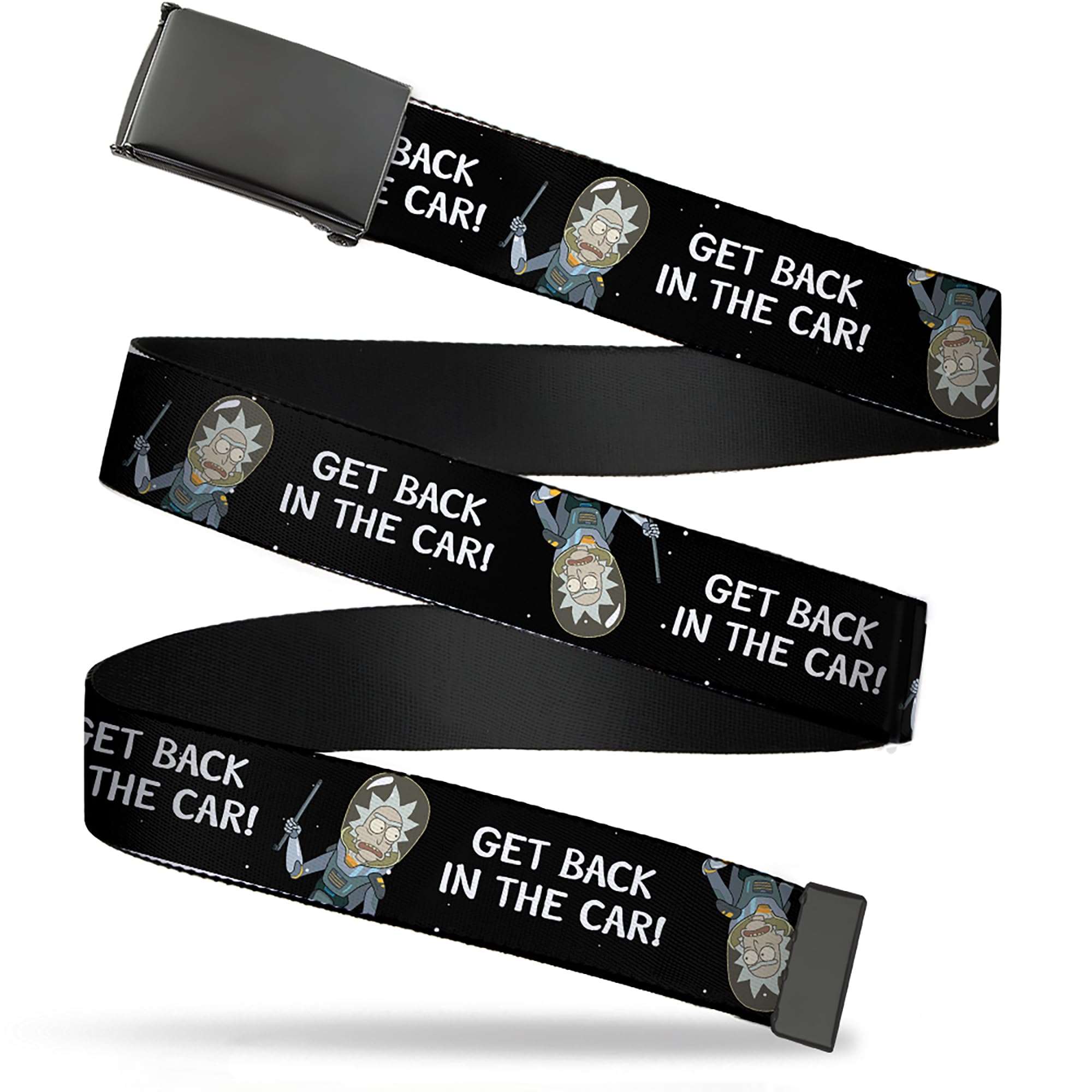 Rick and Morty Belt, Flip Web Belt Rick and Morty Rick Get Back In the Car Pose Black White, 1.5 Inch Wide, Fits up to Size 42