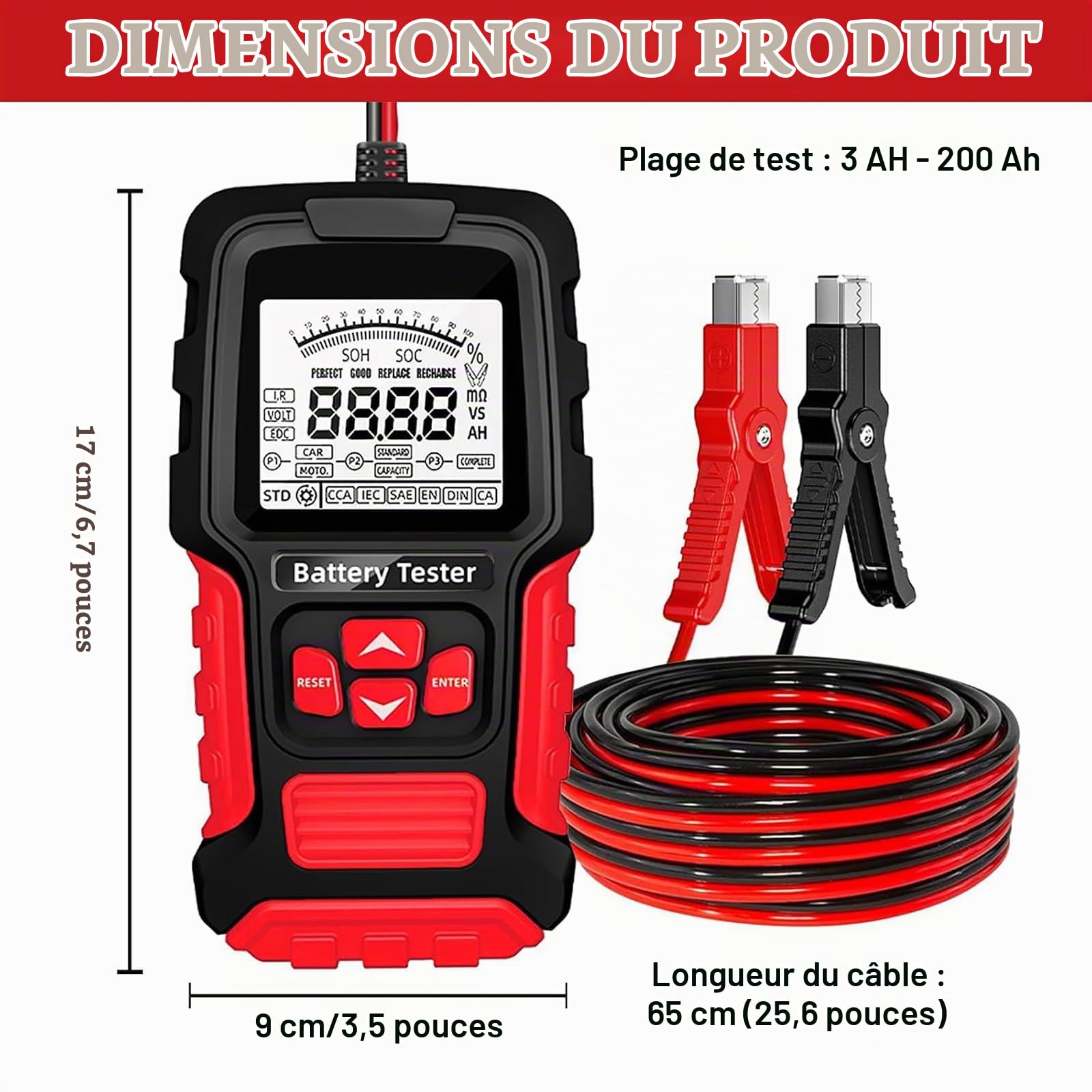 Testeur de batterie de voiture, 12 V/24 V, testeur de batterie de voiture, testeur de batterie de voiture 200-2000 CCA Testeur d'alternateur de voiture, analyseur numérique avec écran LCD pour voiture