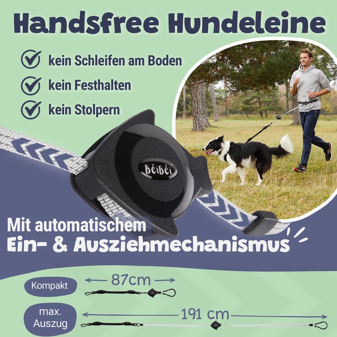 Handsfree Hundeleine mit Bauchtasche & Hüftgurt – Nie Wieder Leine in der Hand | Stoßdämpfer, Einziehmechanismus, 2 Sicherheitsgriffe & Reflektor | Jogging & Canicross 5–40 kg (Größe L)