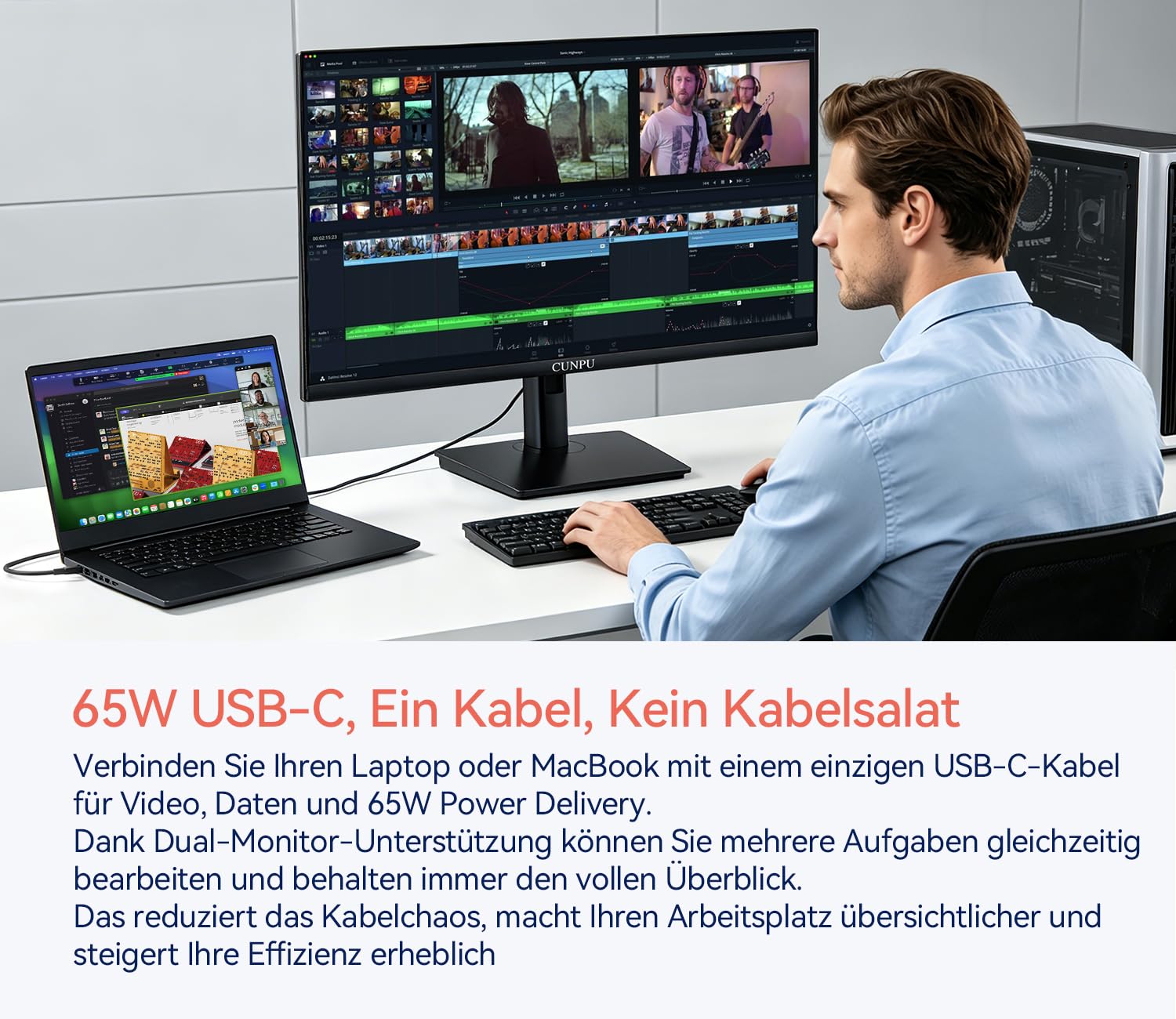 CUNPU 27 Zoll 4K Monitor USB-C 65W, Matt IPS Panel 1ms GTG, USB Hub, SRGB 122%, DCI-P3&AdobeRGB 95%, Delta E＜2, HDR, Eye Care, VESA(100X100mm), 1x DP HDMI USB-C USB-B, 2xUSB-A